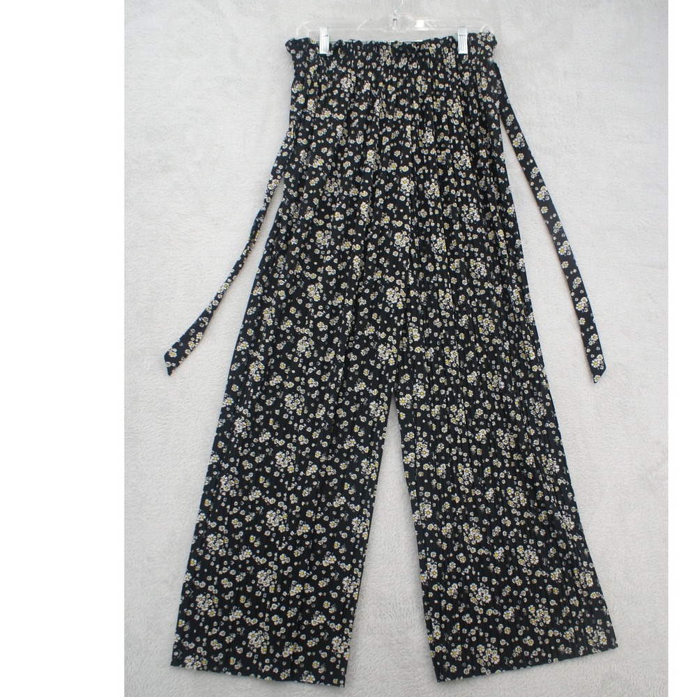 Olivia Rose Women L Black Daisy Floral Wide Leg Paperbag Waist Pants Lettuce Hem